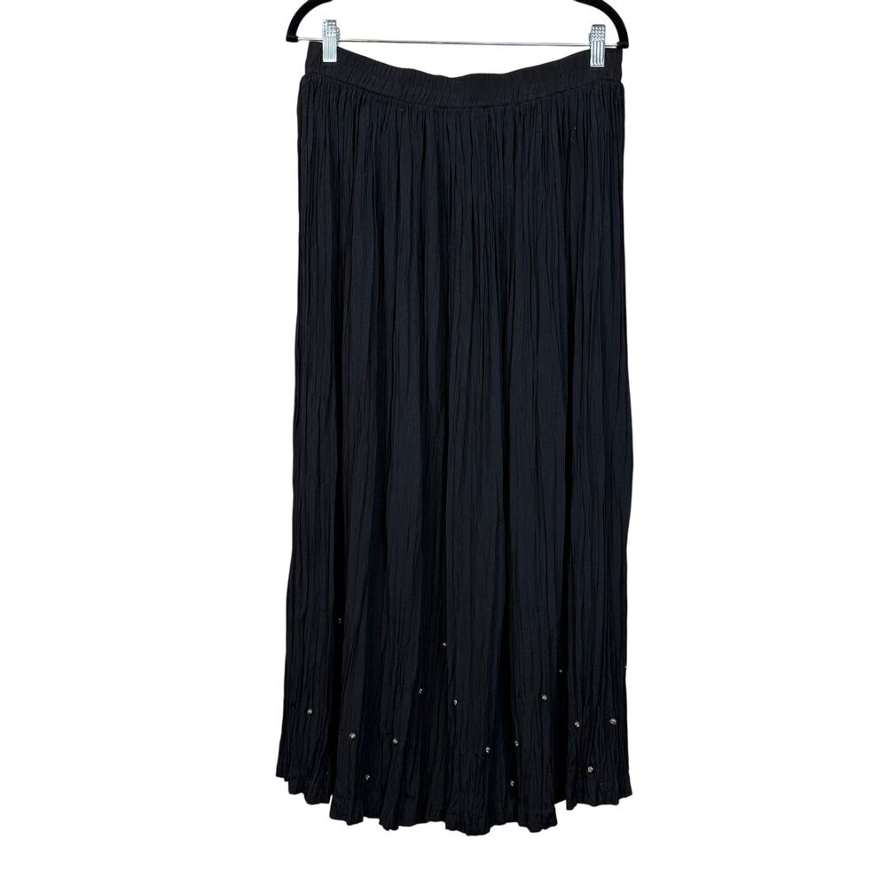 Stonebridge Black Crinkle Maxi Skirt 1X Beaded Hem Boho Formal Made USA